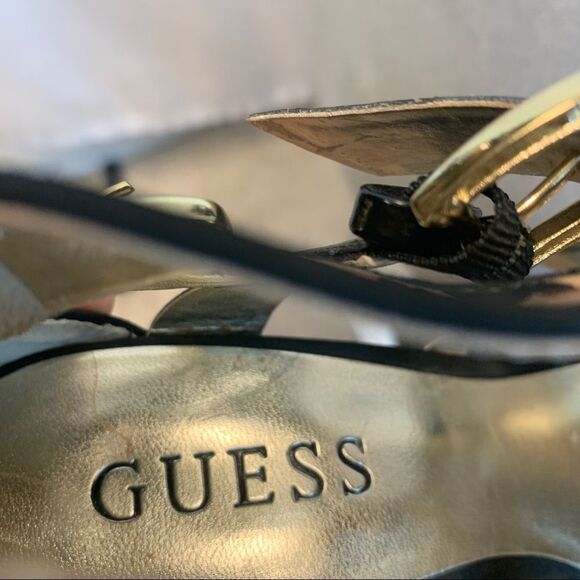 GUESS animal leopard cheetah print black patent strappy high heel sandal Sz 5.5 - Picture 9 of 10